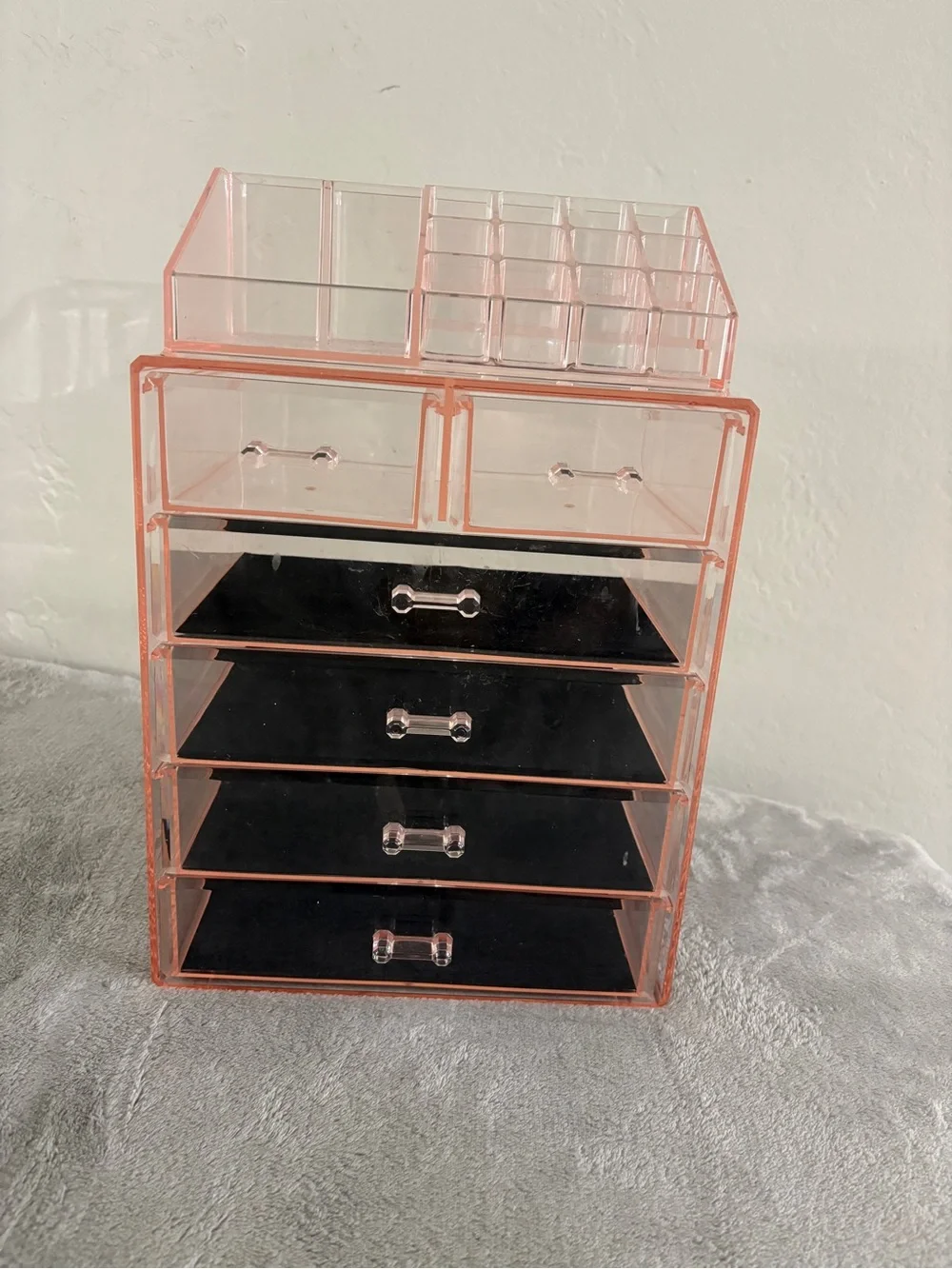 Pink Acrylic Makeup Organizer with 6 Drawers and Top Compartments